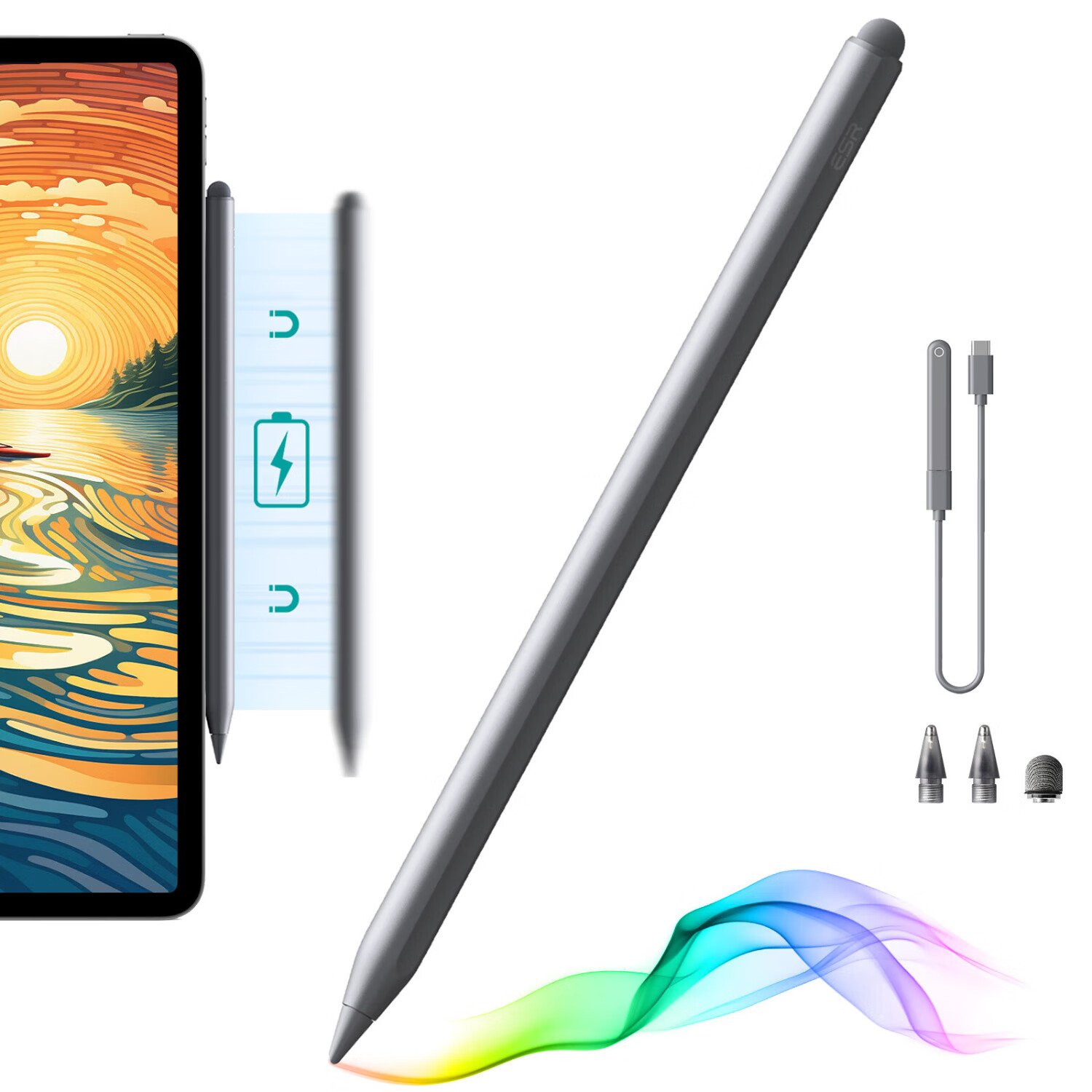 亿色电容笔iPad苹果笔apple pencil二代【蓝牙电显】iPad Pro/Air/Mini通用2024年新款iPad强磁吸附 iPad专用【电容笔】磁吸款丨灰
