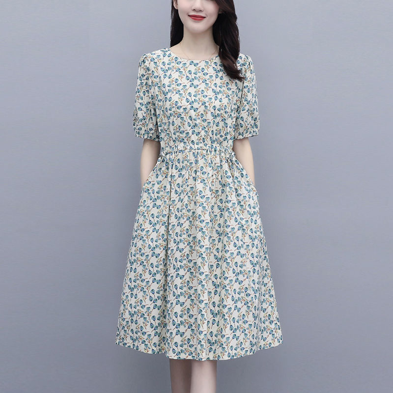 冰丝绵绸大花连衣裙女2024夏收流苏遮肚中长款减龄休闲半袖薄裙子