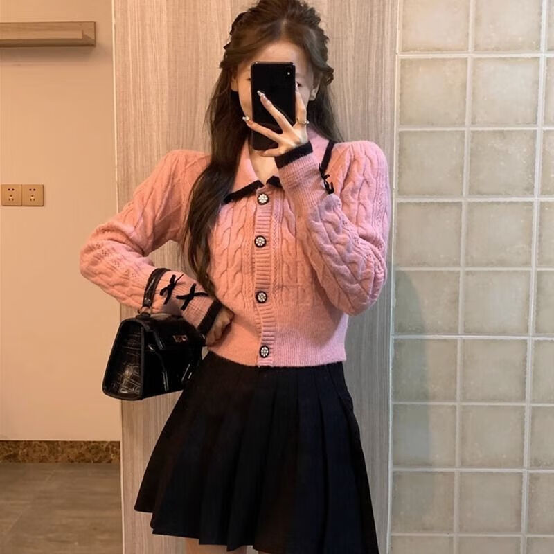 粉色毛衣 黑色百褶裙【套装】 s 建议85斤内