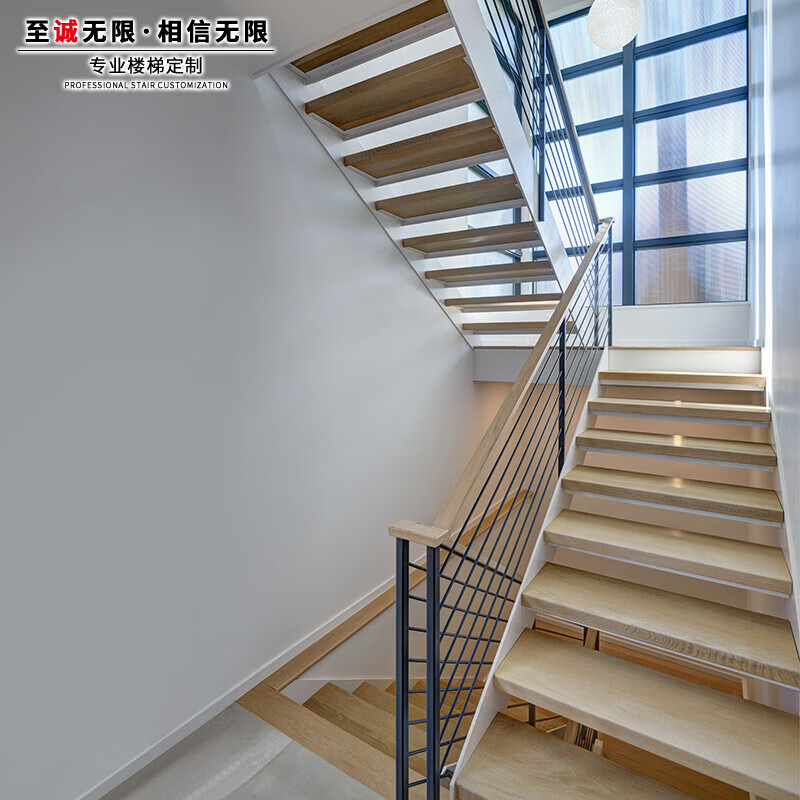 汀白室内整体双梁钢木楼梯别墅阁楼家用定制三跑跃层复式自建房成 款