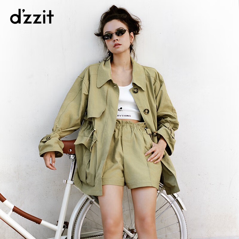 dzzit地素春休闲卡其绿休闲气质复古工装风收腰外套女风衣 深卡其色 s