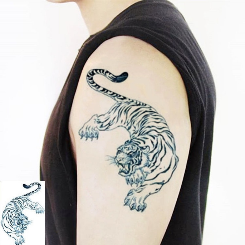 vieruodis草本果汁纹身贴线条下山虎纹身贴防水男 老虎 猛虎下山 胳膊