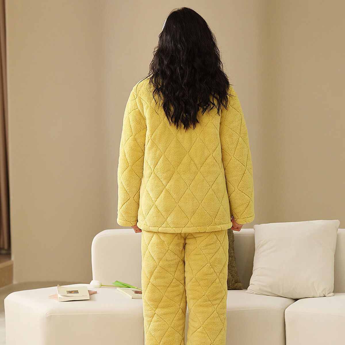 香蜜闺秀【三层夹棉加厚】暖冬可外穿长袖开衫女士家居服棉服保暖睡衣套装 W3403029黄色 XL