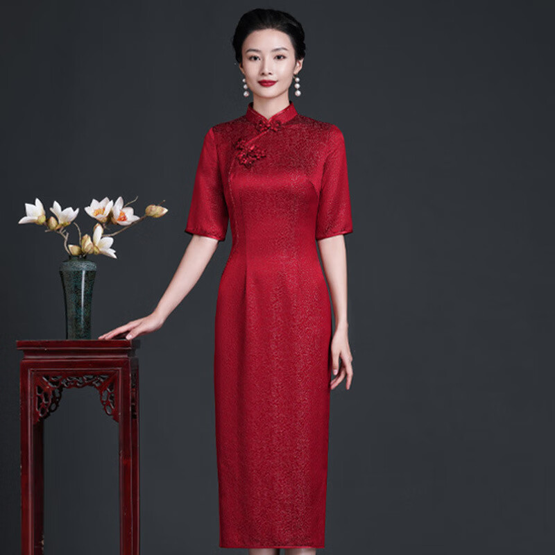 彼岸鸟醋酸旗袍新中式婚礼妈妈装喜婆婆连衣裙喜妈妈礼服年轻款喜服