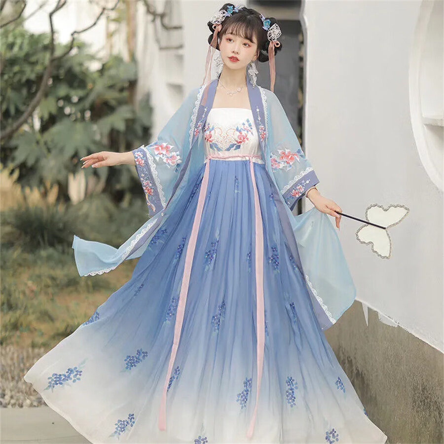 佩原创正品汉服女中唐制诃子裙刺绣齐胸襦裙仙气飘逸春夏三件套 蓝色