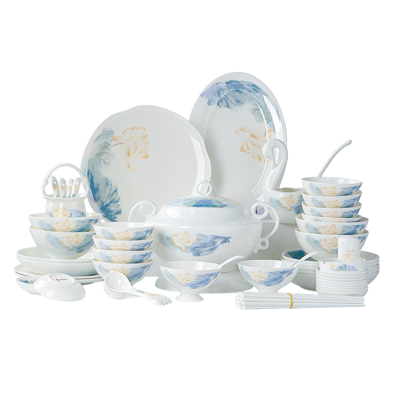 洛威景德鎮(zhèn)骨瓷餐具套裝新款高級(jí)感陶瓷碗盤碗碟套裝家用愛蓮說60頭