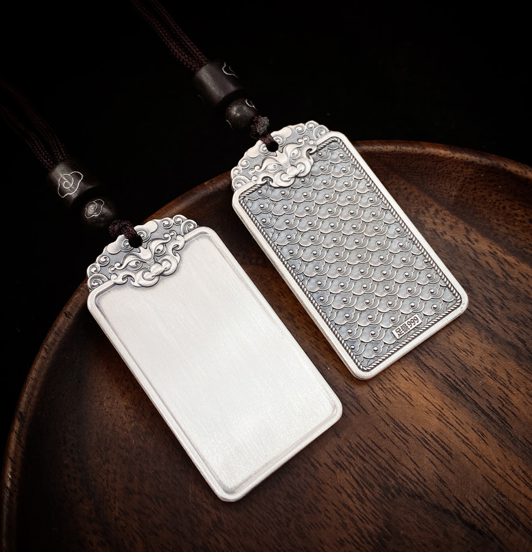 汉美人生日礼物足银99银吊牌国潮复古兽头祥云无事牌吊坠足银项链挂件