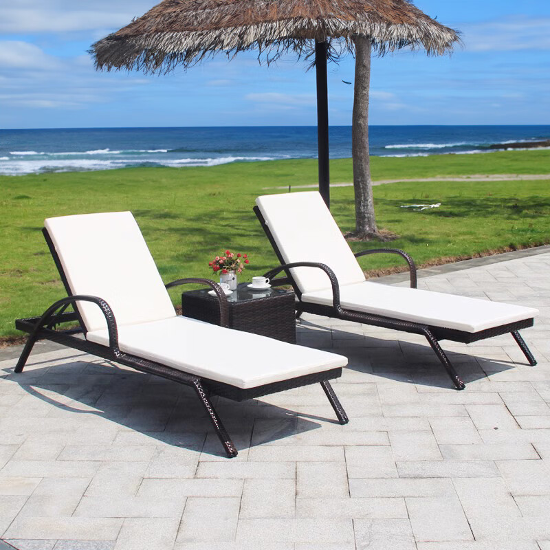 泳池躺椅户外躺床阳台休闲藤椅室外庭院躺椅别墅游泳池躺床折叠藤 一