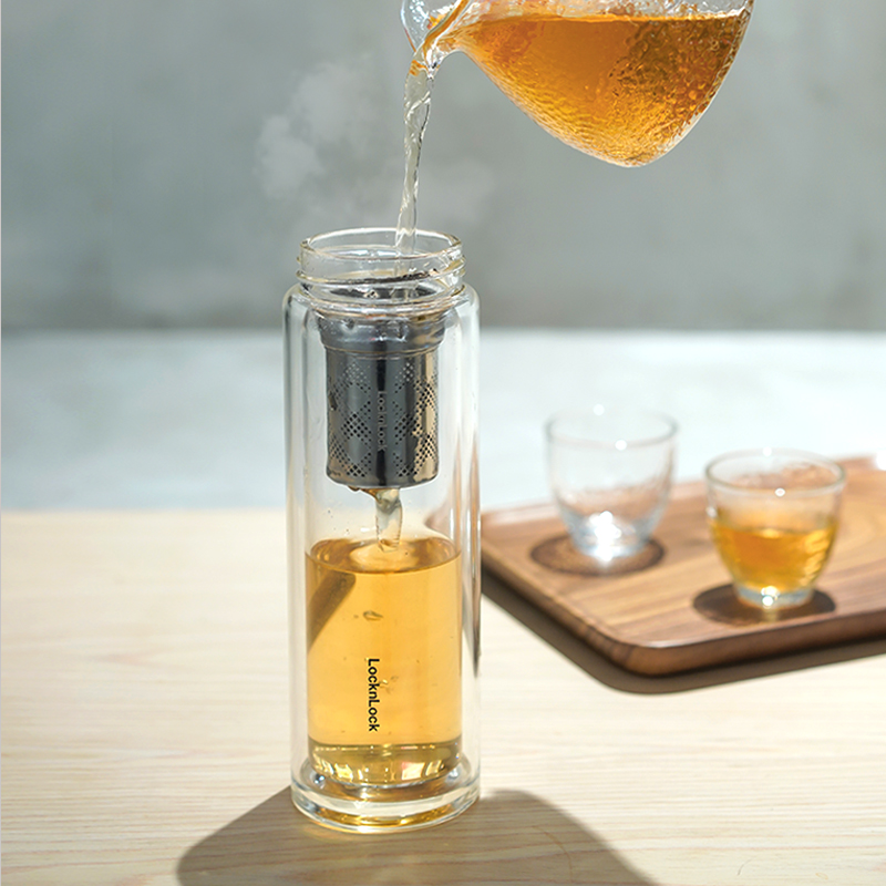 乐扣乐扣（LOCK&LOCK）商务玻璃杯 耐高温玻璃分离式滤网密封防漏双层茶水分离水杯 LLG599BRW-茶仓双层杯420ml