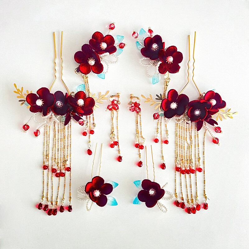 海伊朵婚纱头饰新娘发饰套装发箍韩式仙女森系敬酒服发饰中式礼服配饰品 红色绒花发簪套装