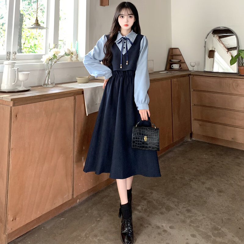 十八岁成人礼礼服女高中生微胖女生高级感裙子女孩穿搭学生连衣裙 蓝