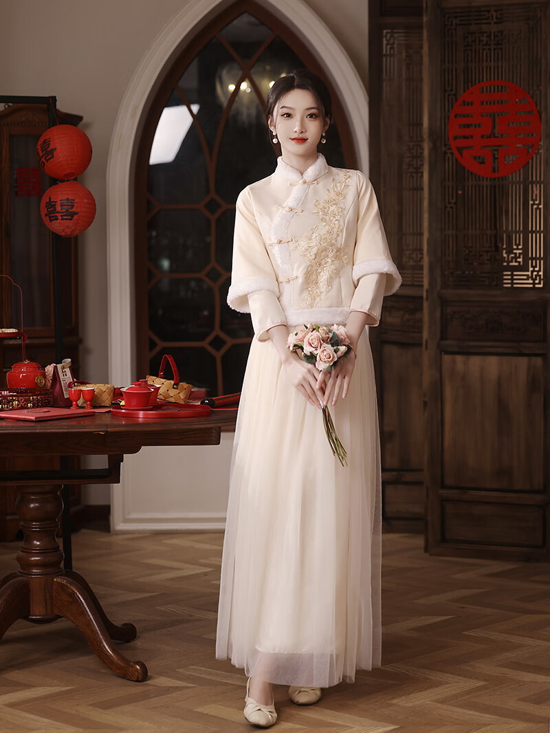 中式伴娘礼服2024新款春季姐妹伴娘团加厚加绒保暖高级礼服闺蜜裙 950