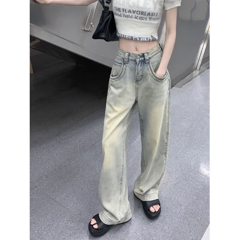 奔瑜裤子女秋冬季小个子矮个子显高阔腿裤美式工装裤复古高腰直筒牛仔