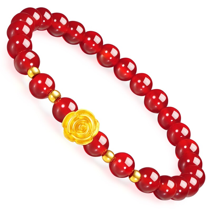 礼麓  【520礼物】黄金玫瑰花999足金转运珠手链天然翡翠红玛瑙女款