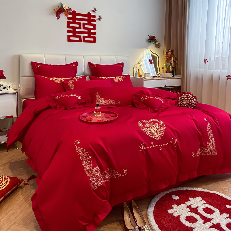 ROLAND LIVE新中式纯棉婚庆四件套大红色结婚全棉刺绣喜床上用品婚房 HJ全棉刺绣婚庆套件-挚爱黄 1.8/2.0米床 四件套（床单式）