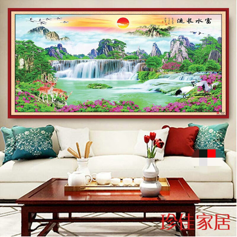 画财源滚滚办公室风水瀑布风景画靠山迎客松客厅装饰画挂画 富水长流