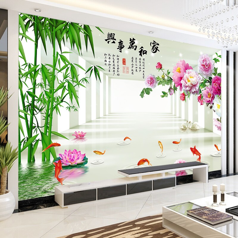 现代简约客厅防水壁纸影视墙大型无缝墙布家和万事兴墙画定制壁布画