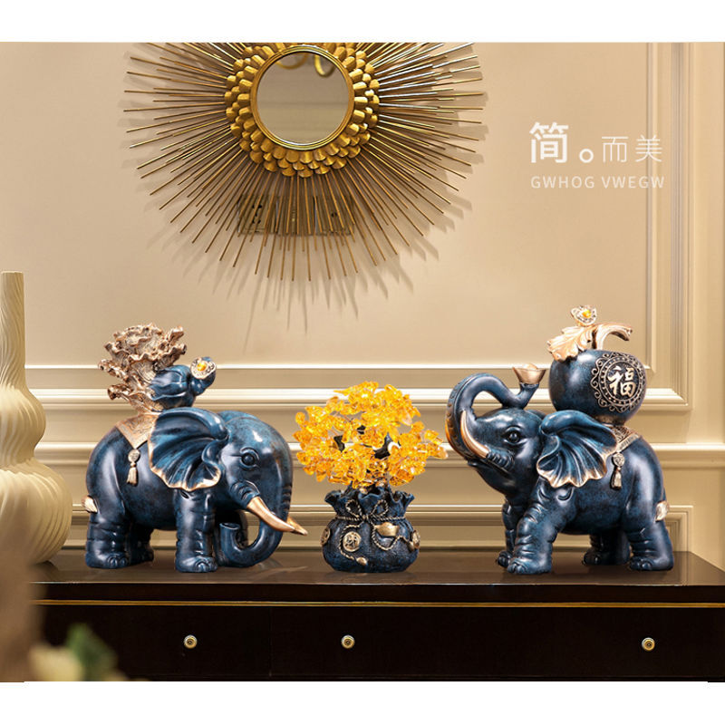 客厅电视玄关酒柜装饰品乔迁开业结婚礼 平安吉祥象大号蓝色一对带树