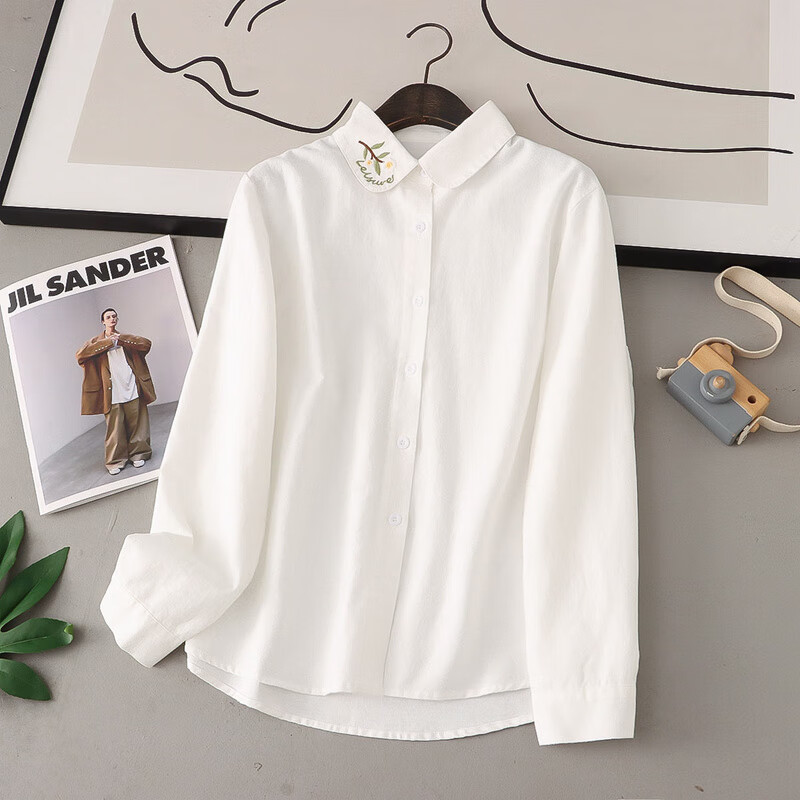 雷黛茜春季新款小个子白色衬衫女宽松刺绣感打底衫圆领衬衣 白色 M 110斤以内