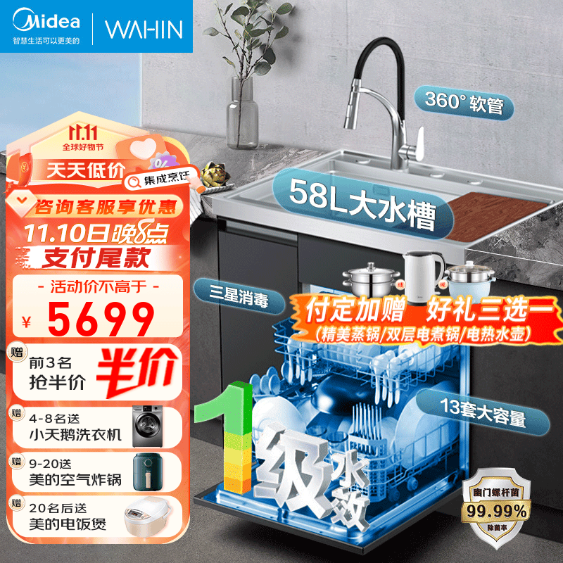 美的（Midea）出品华凌集成水槽洗碗机一体机升级13套大容量 超一级水效 三星消毒 热风烘干 58L大水槽 XH03P 【新升级13套大容量】超一级水效高性价比高么？