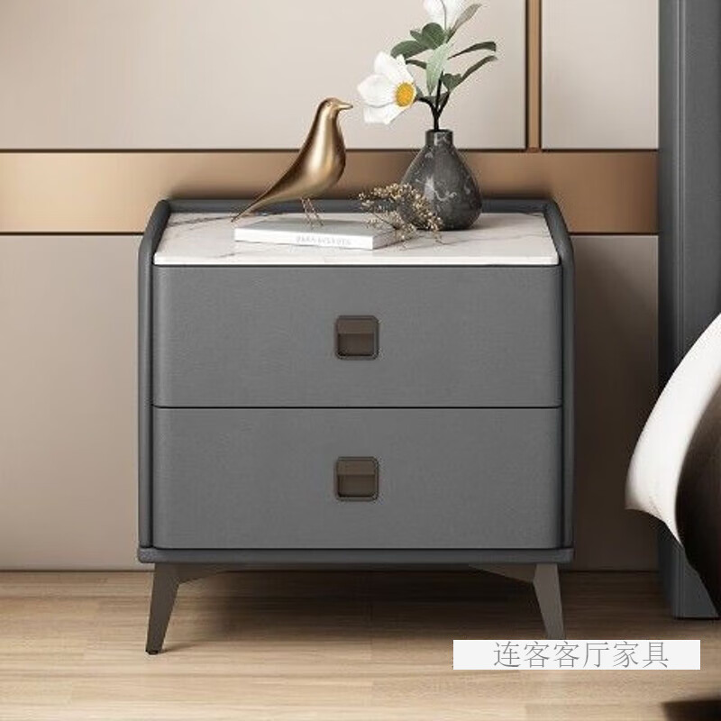 财迎轻奢床头柜现代简约岩板全实木皮质卧室床边柜北欧床头收纳柜整装