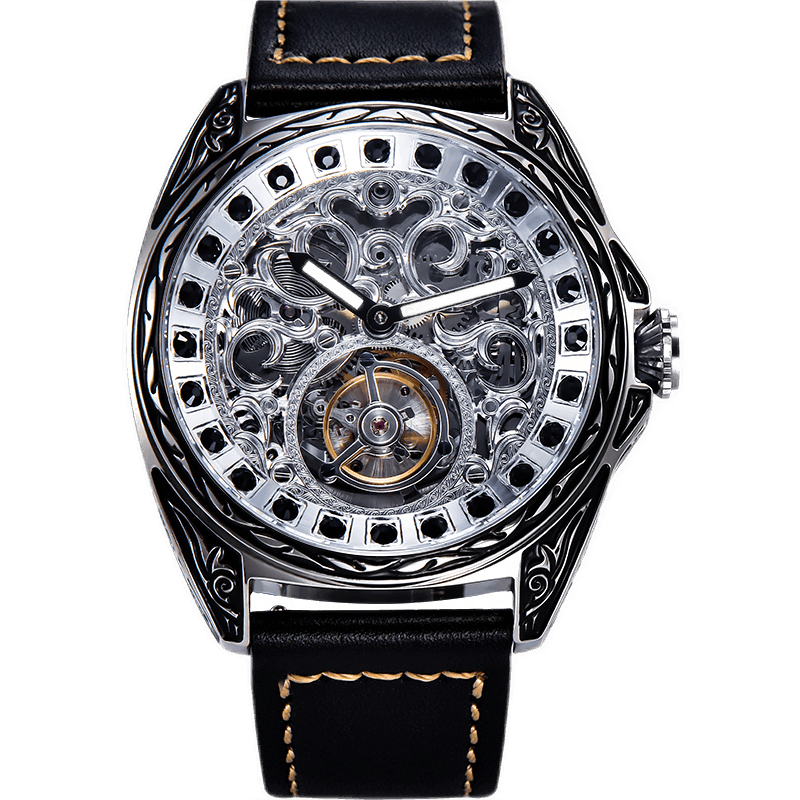 澳豪华(aohaohua)陀飞轮男士机械表球体大表盘镂空镶钻夜光指针 黑钻