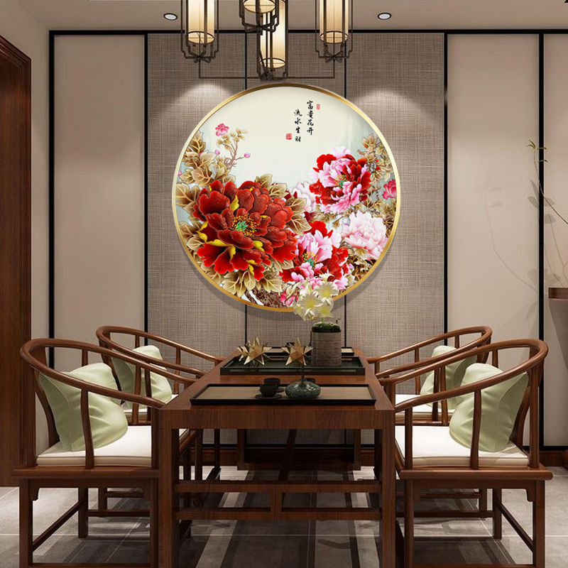 雾枫圆形花开富贵牡丹玄关装饰画新中式客厅墙壁画书房挂画国画晶瓷画