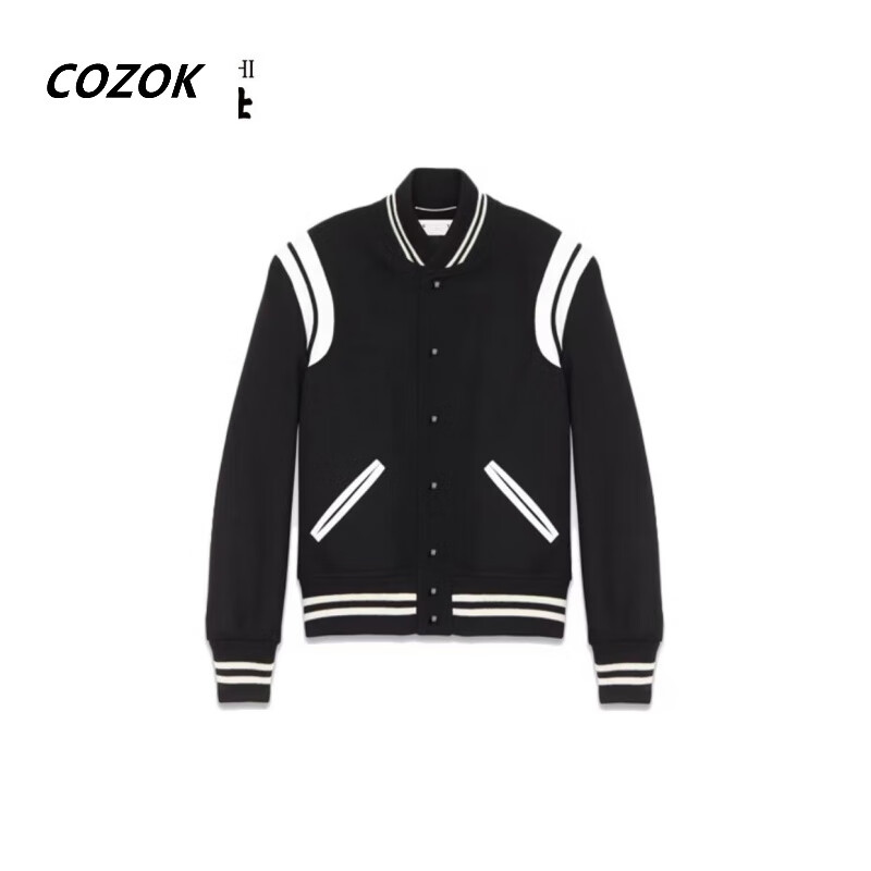 cozok经典春秋季款黑白棒球服毛呢夹克男女情侣款真皮拼接外套 slp