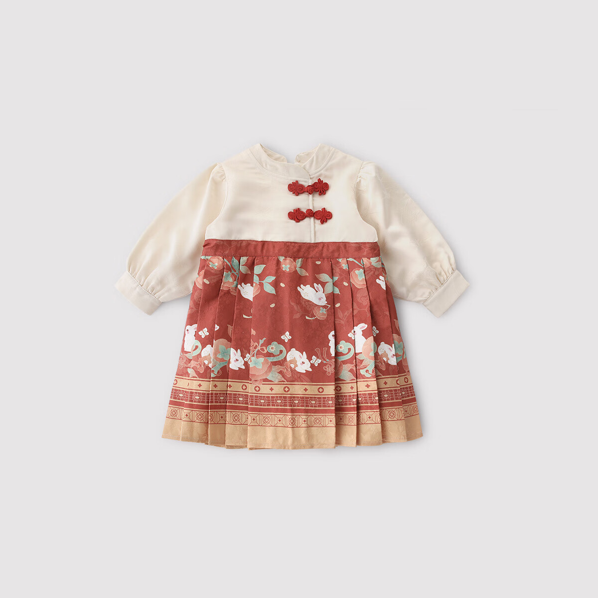 巴厘小猪女童连衣裙秋冬季保暖加绒马面裙新中式汉服女宝宝新年服儿童裙子 釉红 100 cm