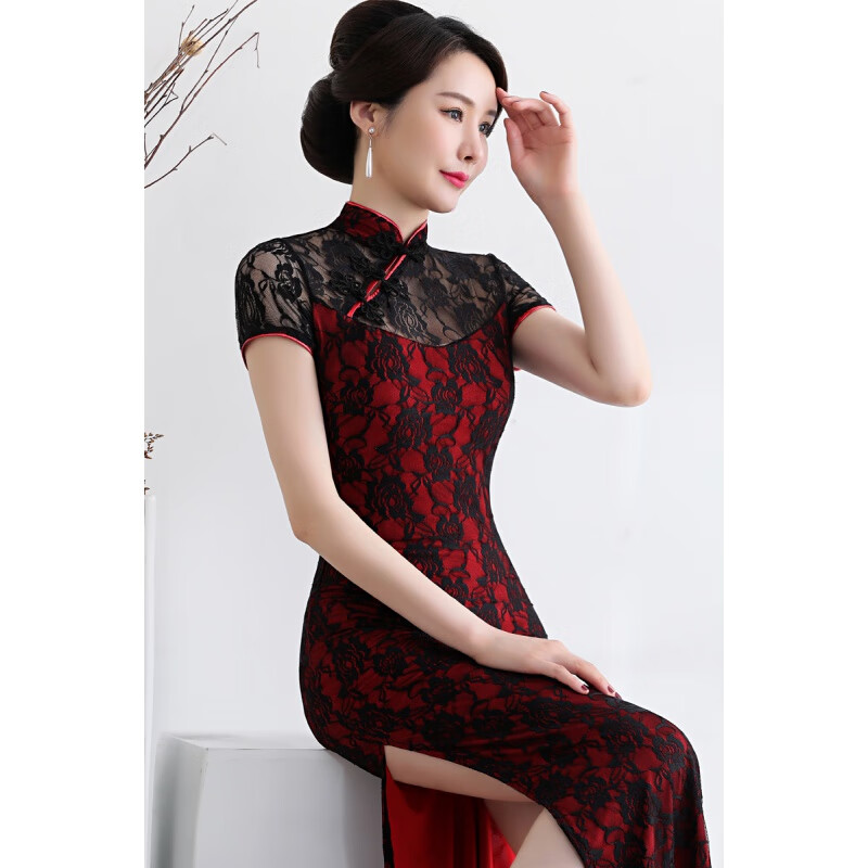 衣若彩舞蹈旗袍高开叉古典舞夜上海冬季蕾丝短袖斜襟大码复古长改良