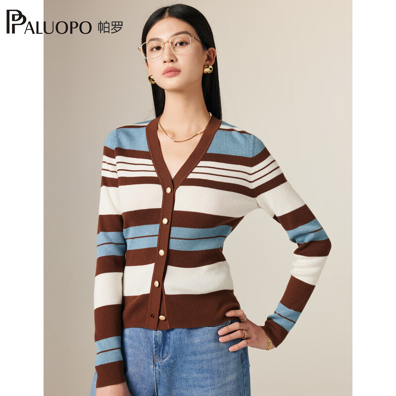 帕罗(PALUOPO)2025春季针织衫长袖条纹开衫时尚打底内搭修身显瘦女上衣短羊毛衫 花棕 M 160/100
