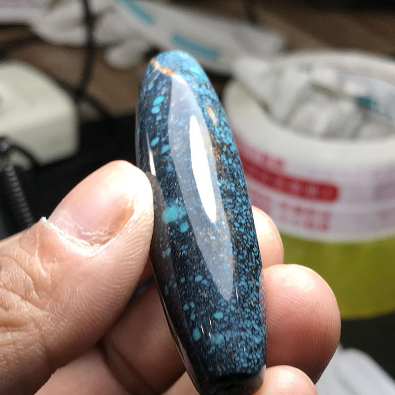 时乾 原矿绿松石湖北料高瓷无优化玻璃瓷釉网花配饰天珠 孔雀蓝