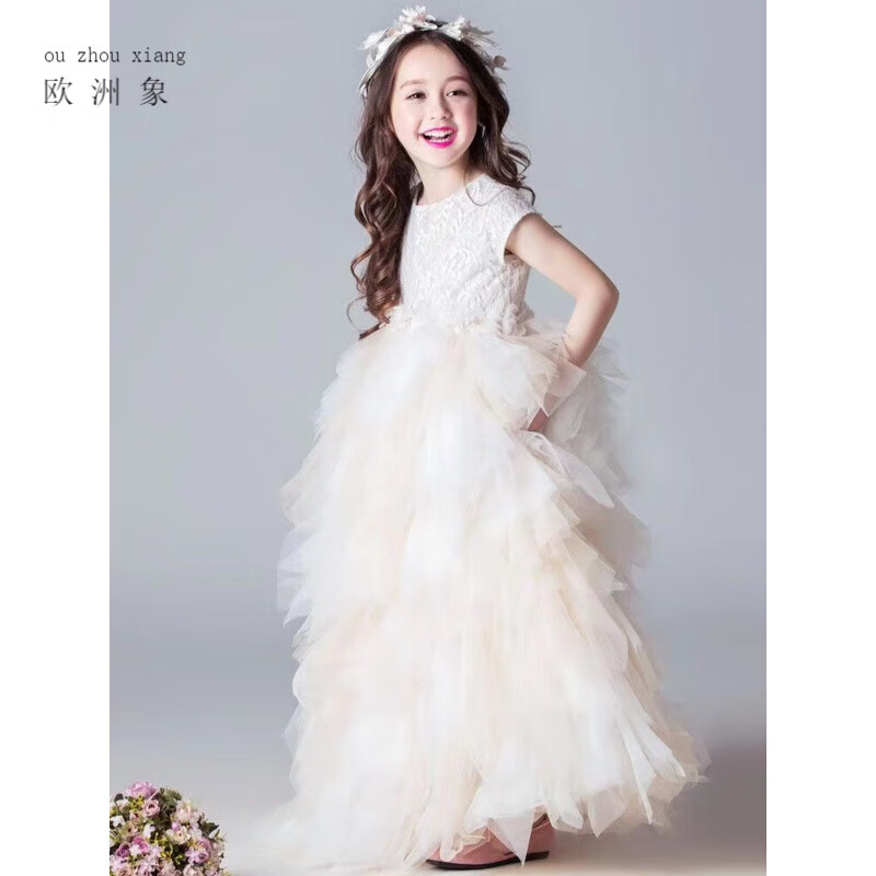 歐洲象花童禮服女六一兒童節(jié)的服裝小主持人禮服女童婚紗鋼琴演出服連衣裙表演服生日中國風(fēng)蓬蓬裙演出晚禮服 白色蛋糕裙 150