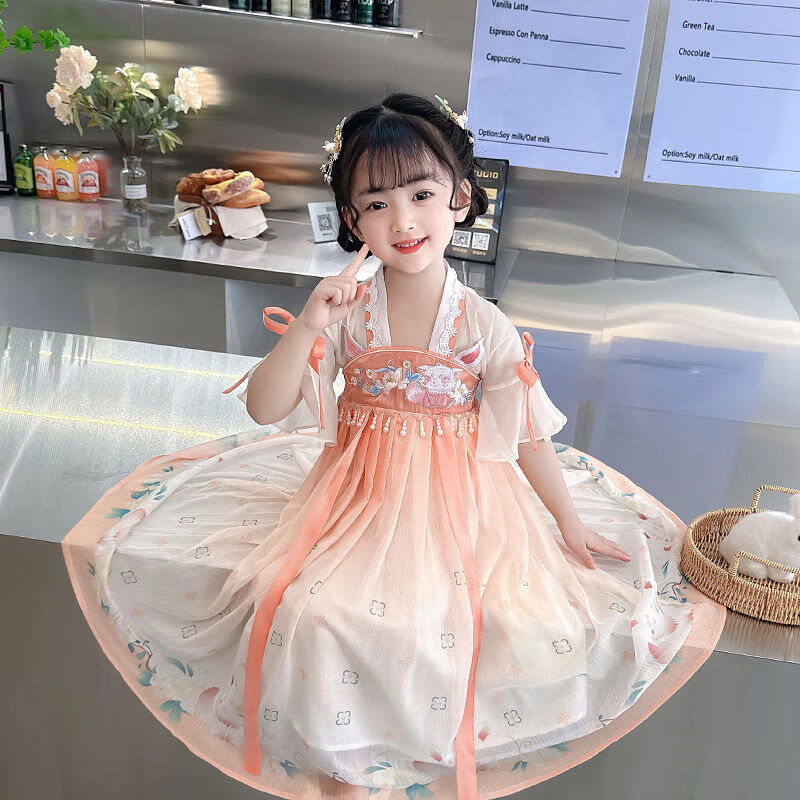 汉服春夏款唐古风超仙公主中国风女孩连衣裙襦 桔色小狐狸汉服连衣裙