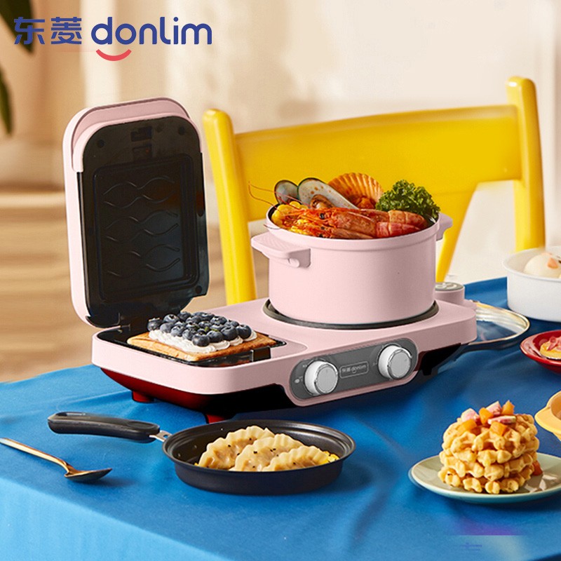 东菱 Donlim 烤面包机 多功能早餐机 烤盘可拆卸可更换三明治机 多士炉大功率电热火锅 DL-3452（薄暮粉）