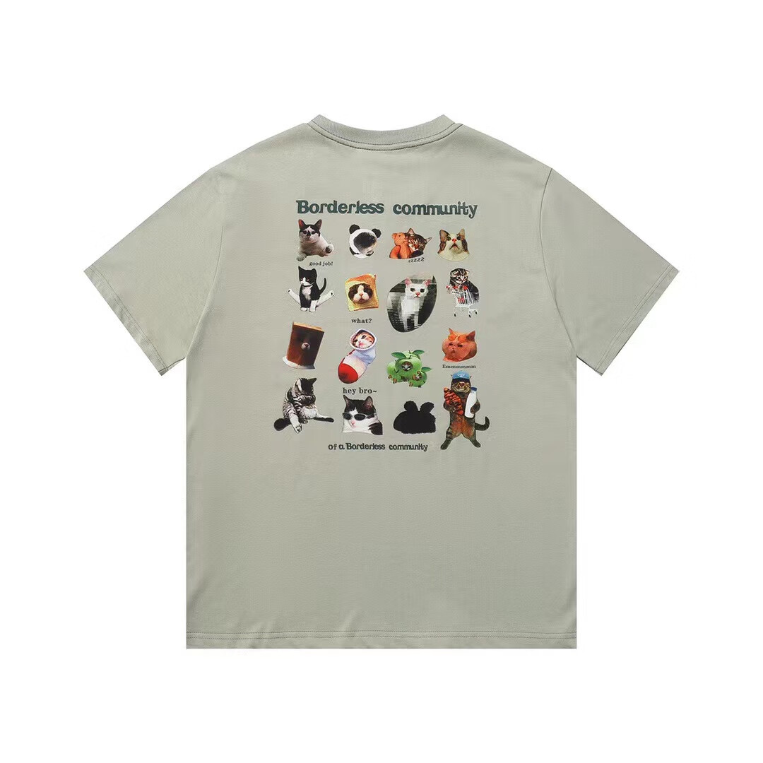 蝶泣f426店国潮牌夏季情侣街头嘻哈宽松趣味猫咪合集排版短袖t恤 灰豆