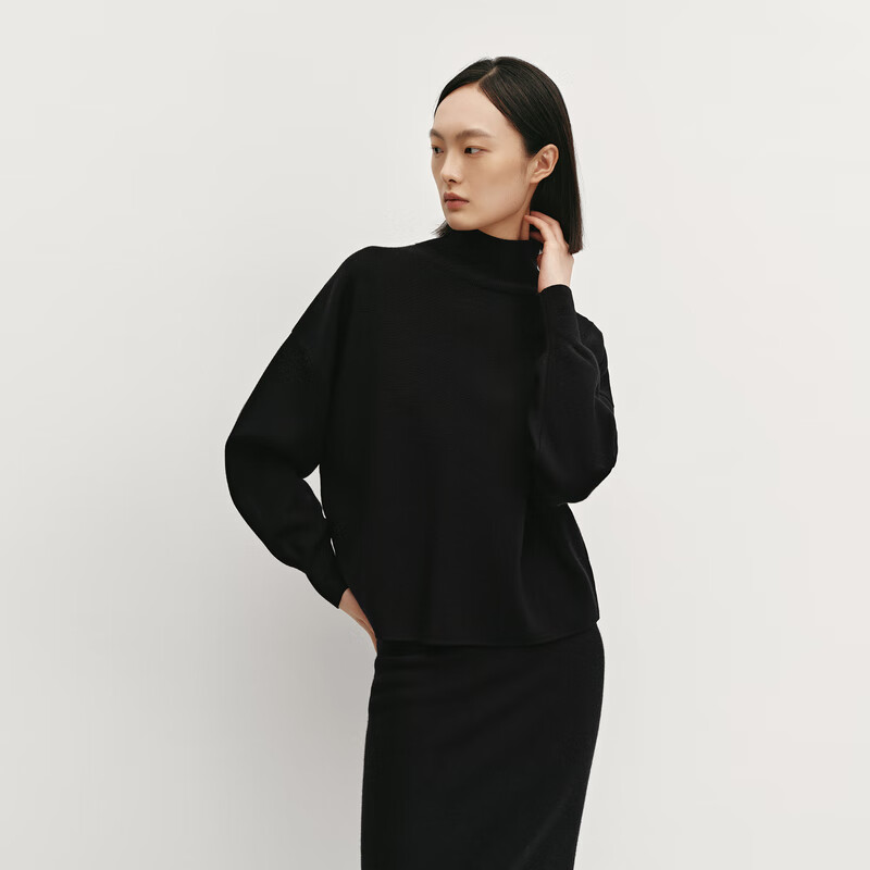 OVV秋冬热卖女装保暖舒适羊毛混纺休闲高领长袖针织衫 赫本黑 L