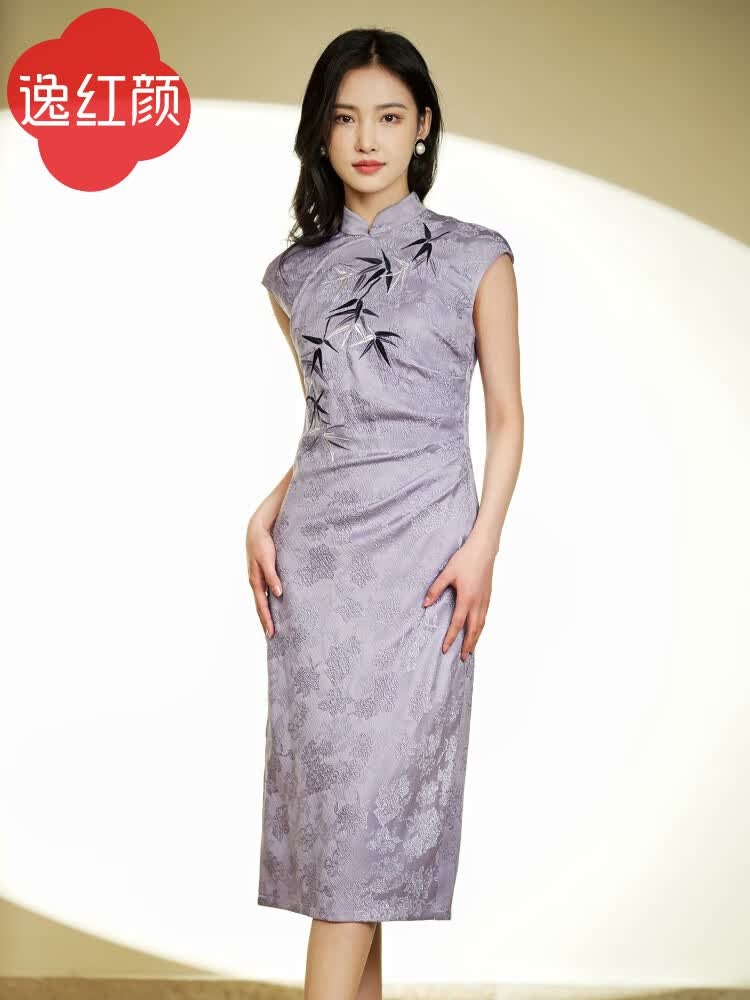 beauty)逸红颜钰竹2024夏季新款旗袍改良版连衣裙女刺绣竹旗袍丝缎