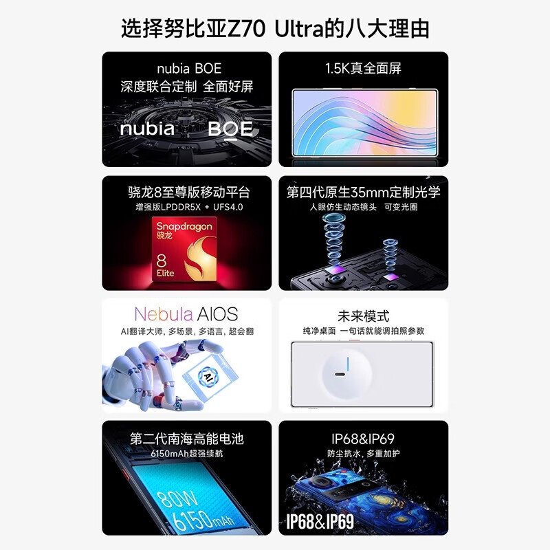 努比亚（nubia）Z70 Ultra手机【国补立减】骁龙8至尊版 6150mAh电池 35mm主摄 屏下摄像 5G游戏拍照 AI手机 香铂 16GB+512GB 官方标配