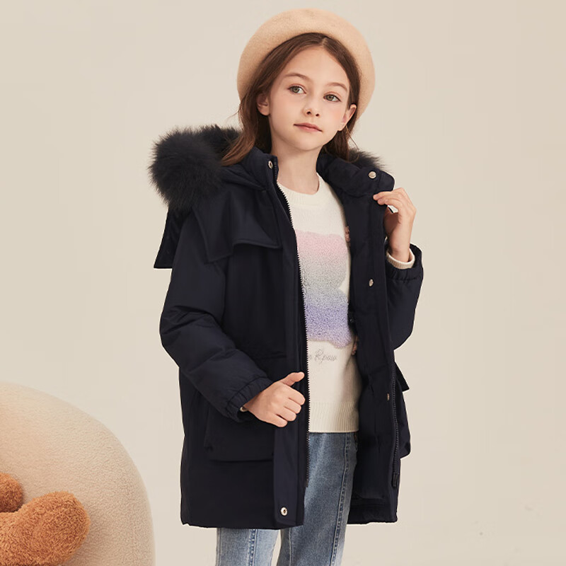 PawinPaw卡通小熊童装年冬款男女童中长款连帽羽绒服防风外套 藏青色/59 110 cm