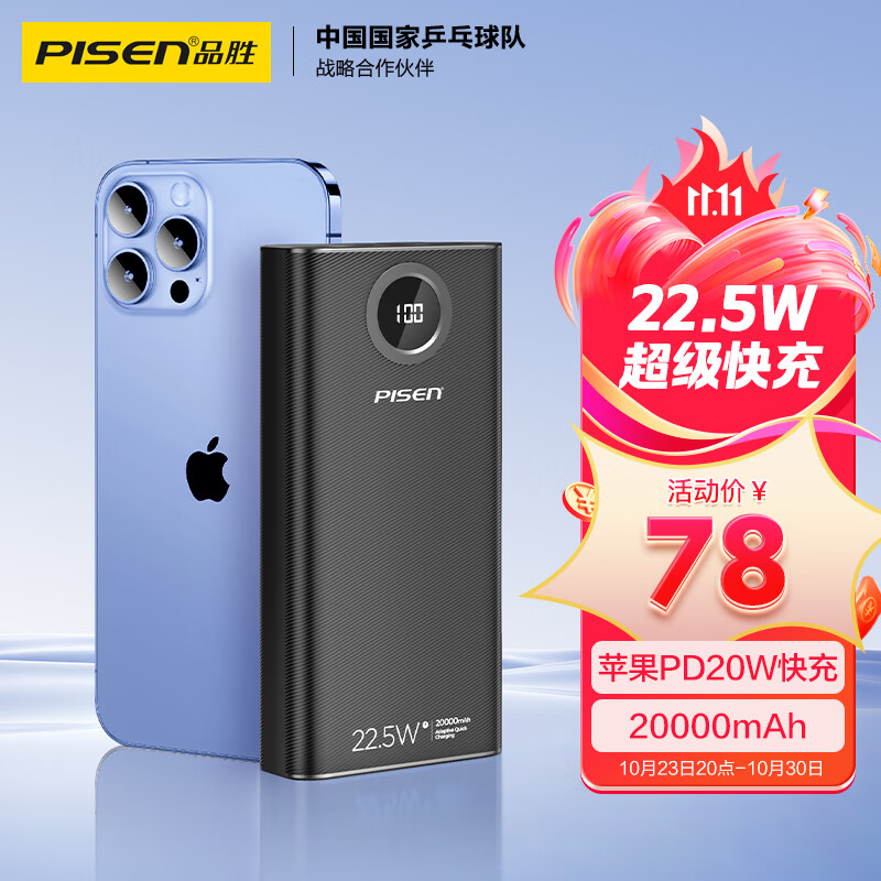 品胜22.5W超级快充20000毫安时大容量充电宝智能数显手机直播户外移动电源20WPD双向快充适用苹果15/14手机黑属于什么档次？