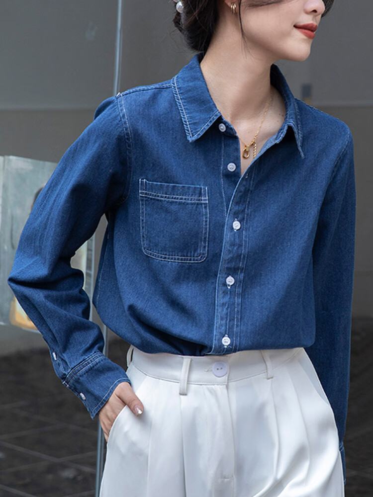 珍韵缘蓝色复古牛仔衬衫女秋季新款2023内搭叠穿宽松显瘦小个子上衣