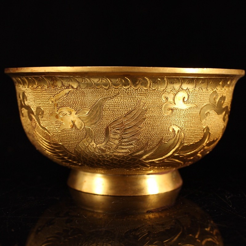 铜人艺巷全铜手工打造鎏金碗一个珍藏收藏品龙凤铜碗家居玄关办公室