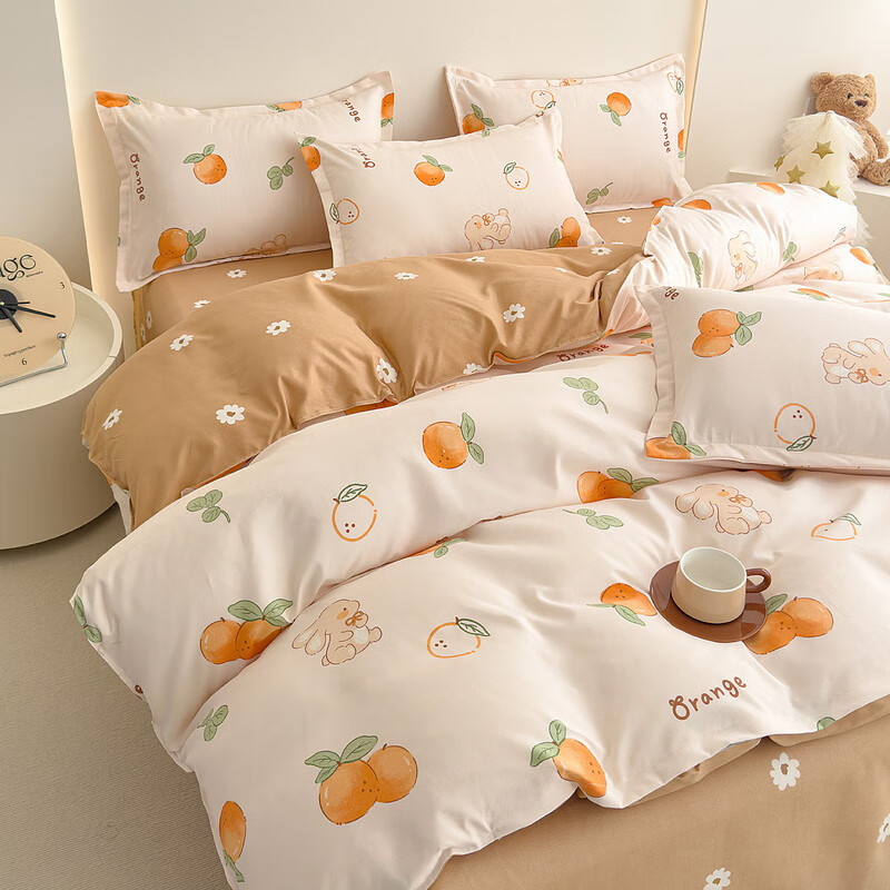 多兰诗（Duolanshi）春夏磨毛四件套 斜纹印花卡通套件被套床单宿舍四季床上四件套 大吉大利 1.8米 床笠款 /被套200*230 四件套