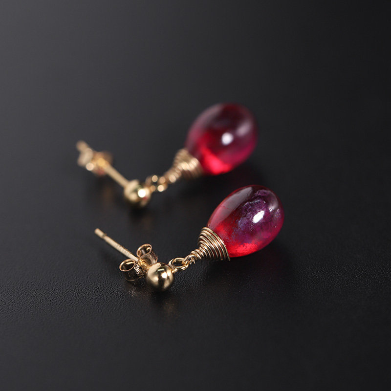 素面红宝石耳环 女黄包金diy简约短款耳钉 礼物 红宝石14包金耳环 5