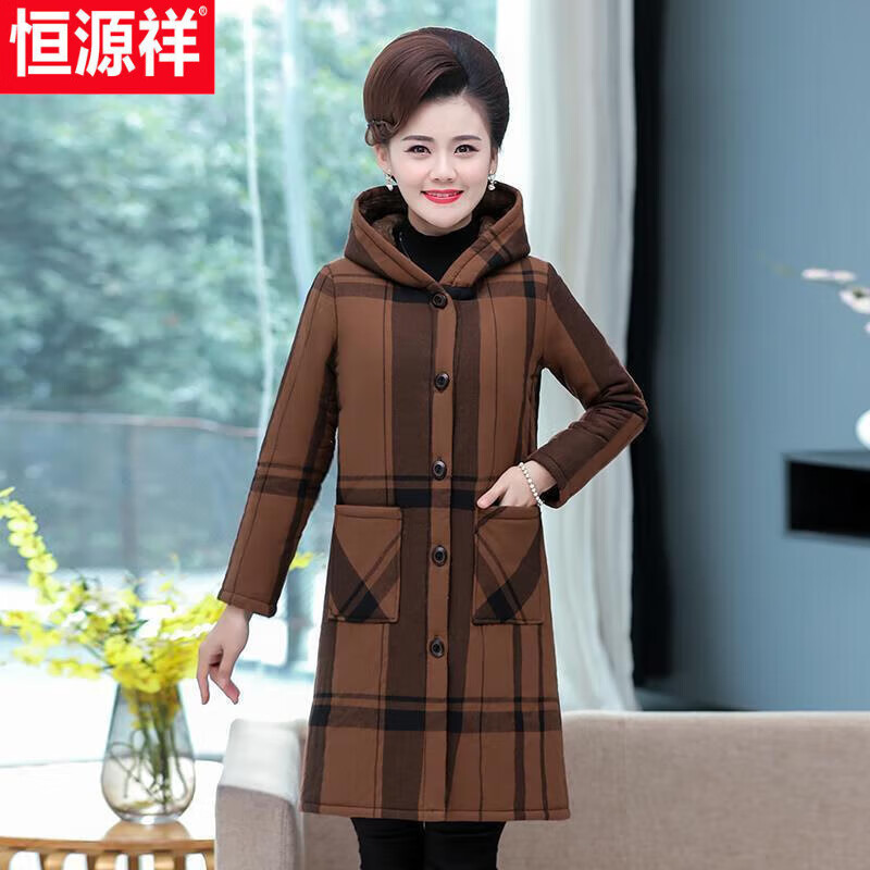 恒源祥胖妈妈装加绒加厚棉衣女中长款棉服冬季中老年女连帽棉袄保暖外套 咖啡色[加绒加厚] XL 建议85105斤怎么样,好用不?