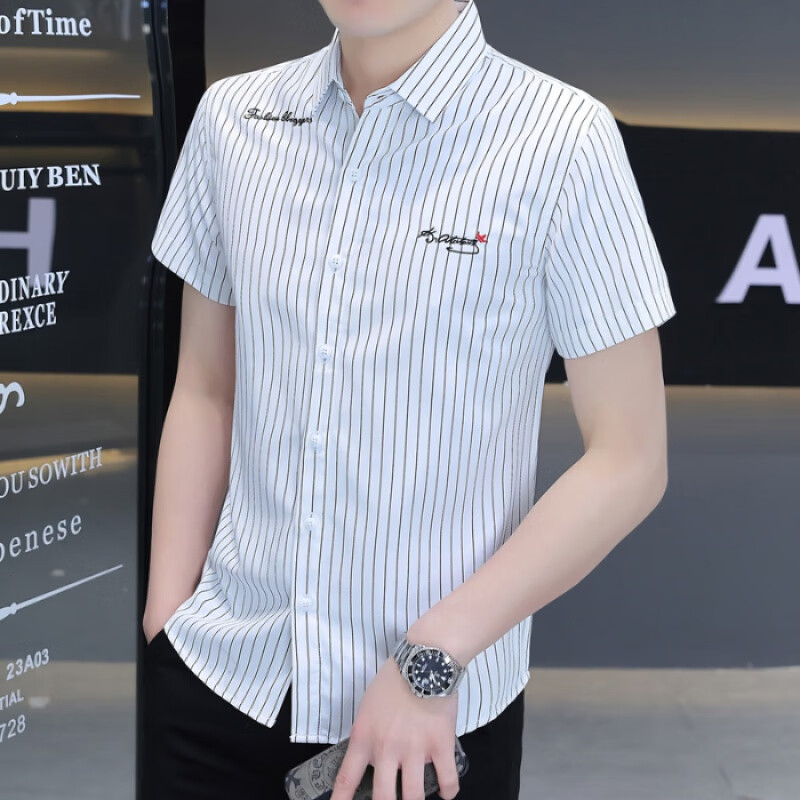 诺贸短袖刺绣衬衫修身韩版潮时尚休闲男百搭超火条纹抗皱免烫丝滑