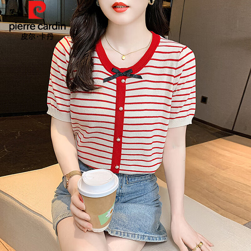 短袖针织t恤女2025夏季新款时尚条纹百搭显瘦洋气t恤上衣女 红条纹 s
