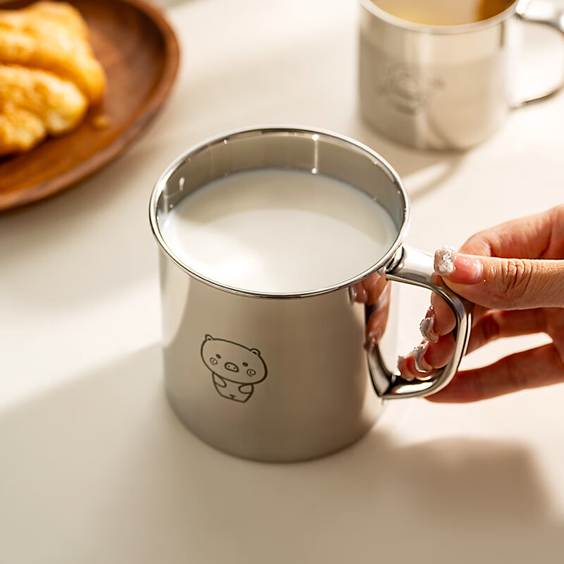 onlycook不锈钢杯水杯带盖子 牛奶杯口杯316L不锈钢儿童幼儿园宝宝杯 小猪