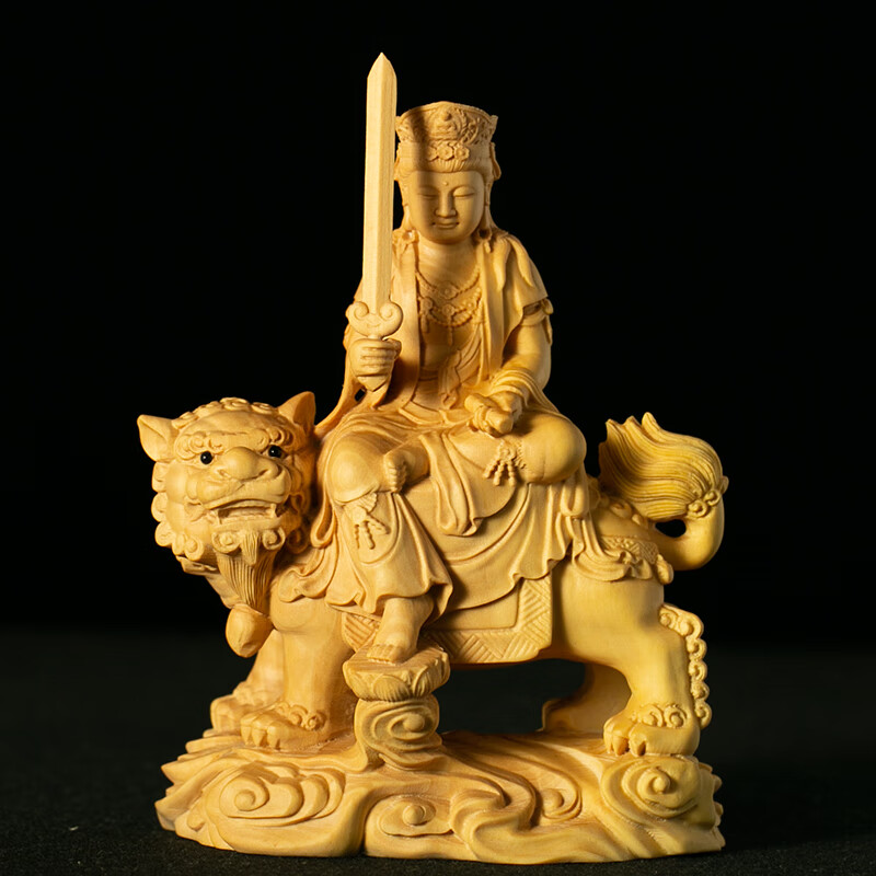 一木代传乐清黄杨木雕文殊普贤菩萨生肖守护神佛像家用汽车载实木雕刻